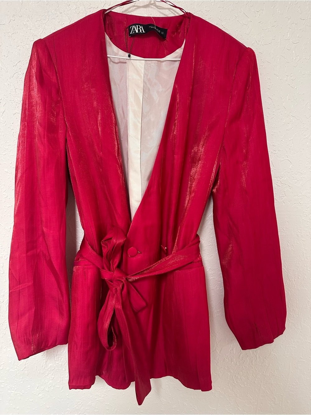Zara Shimmering Organza Metallic Belted Blazer Jacket Fuchsia Pink L NWOT